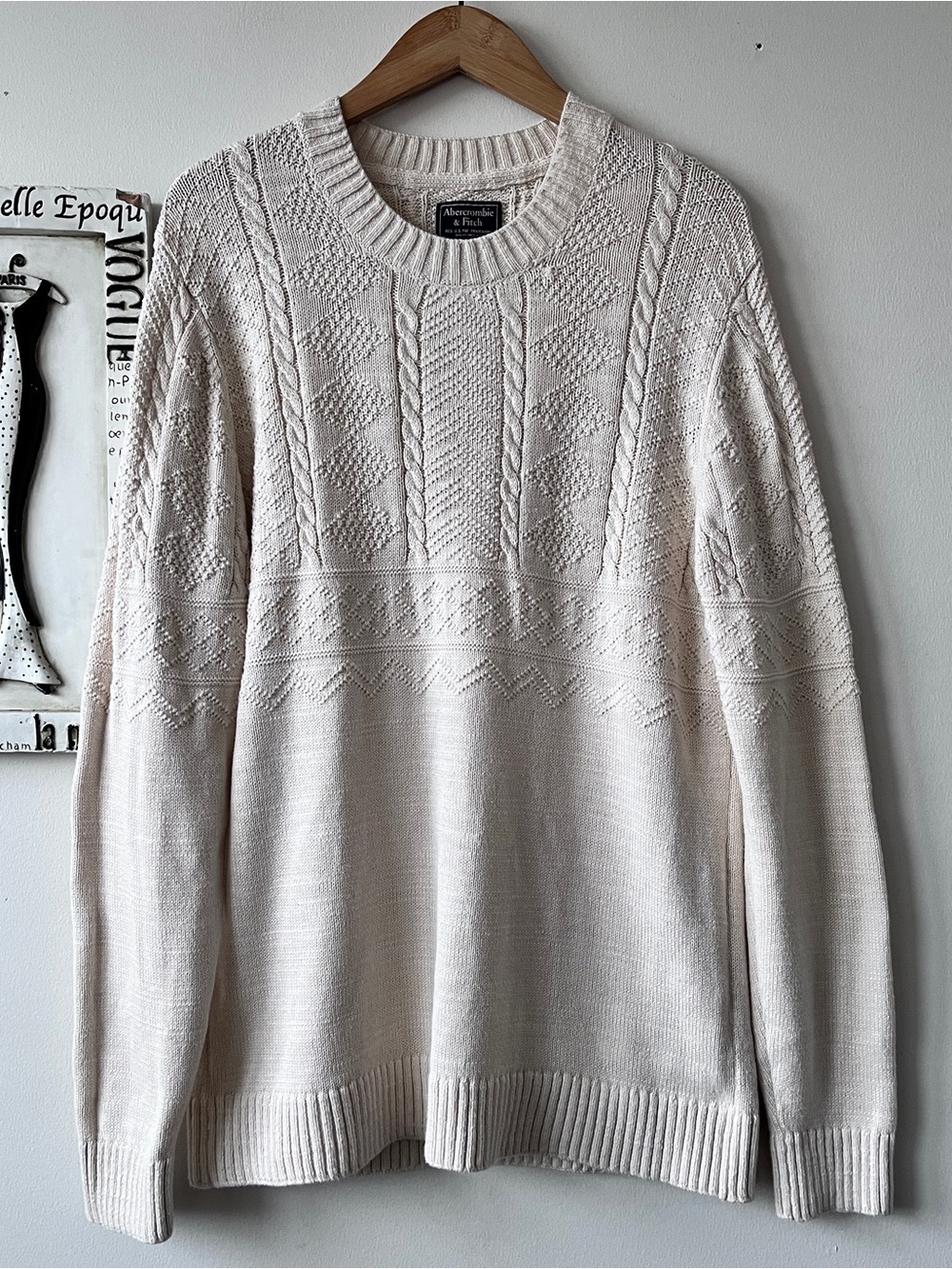 Abercrombie & Fitch Men's 100% Cotton Cream Cable Knit Crew Neck Sweater Size M